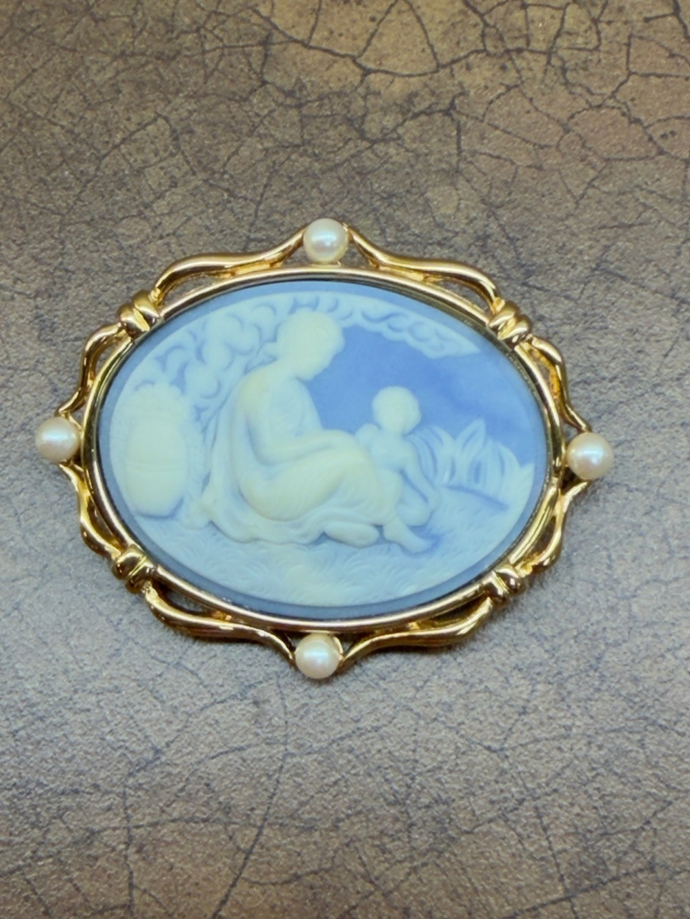 Vintage-Style Blue and White Cameo Brooch with Pearls.  MONET